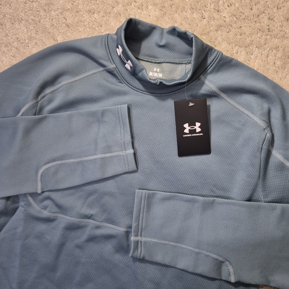 Under Armour Cold Gear Mockneck Shirt Mens Medium Blue Base Layer Top Fitted New